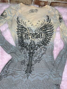 Vintage Affliction "Live Fast" Lace-Up Long Sleeve – Y2K Grunge- Cream & Gray
